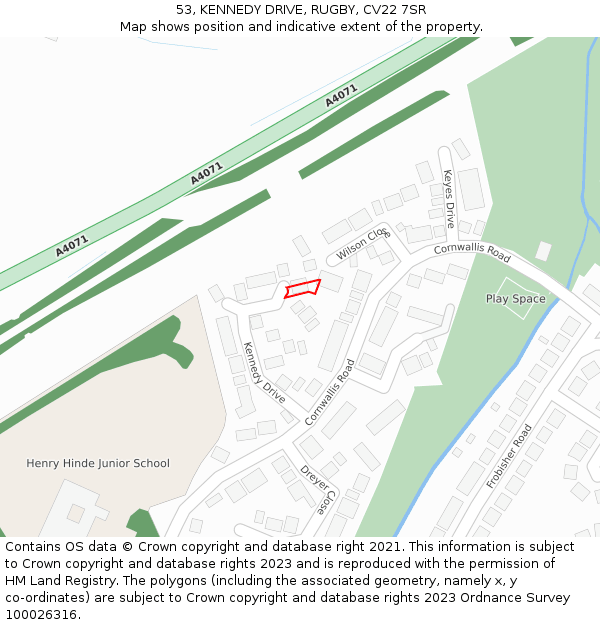 53, KENNEDY DRIVE, RUGBY, CV22 7SR: Location map and indicative extent of plot