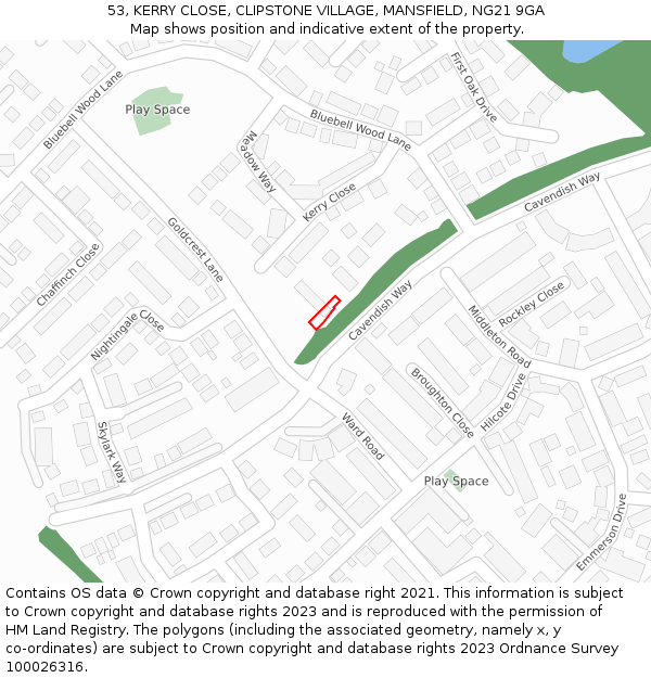 53, KERRY CLOSE, CLIPSTONE VILLAGE, MANSFIELD, NG21 9GA: Location map and indicative extent of plot