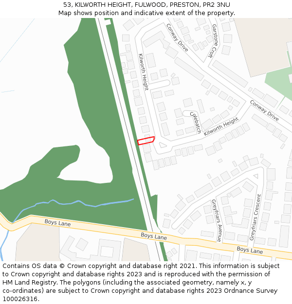 53, KILWORTH HEIGHT, FULWOOD, PRESTON, PR2 3NU: Location map and indicative extent of plot