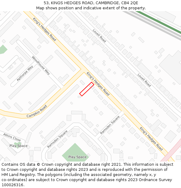 53, KINGS HEDGES ROAD, CAMBRIDGE, CB4 2QE: Location map and indicative extent of plot