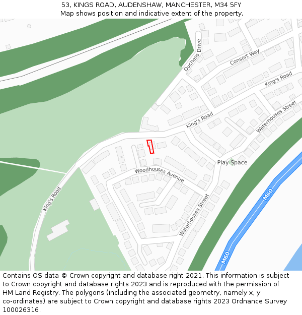 53, KINGS ROAD, AUDENSHAW, MANCHESTER, M34 5FY: Location map and indicative extent of plot