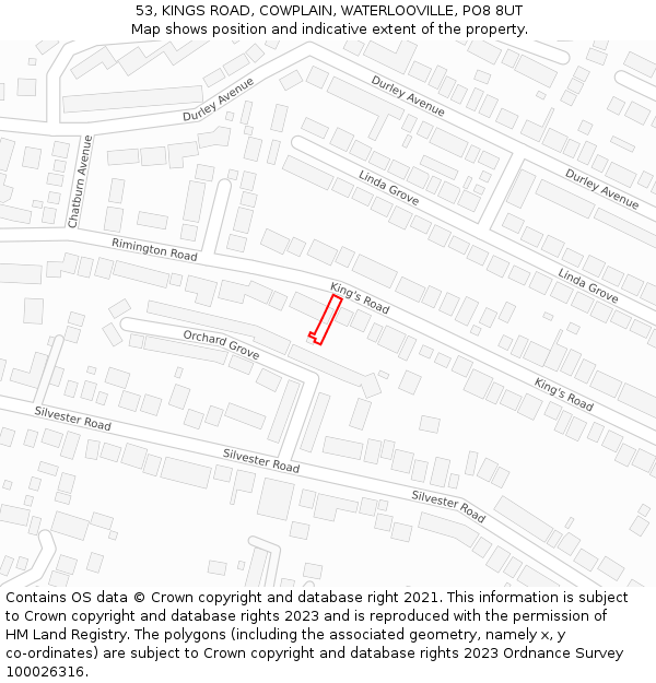 53, KINGS ROAD, COWPLAIN, WATERLOOVILLE, PO8 8UT: Location map and indicative extent of plot