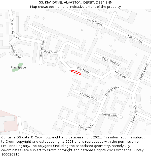 53, KIWI DRIVE, ALVASTON, DERBY, DE24 8NN: Location map and indicative extent of plot