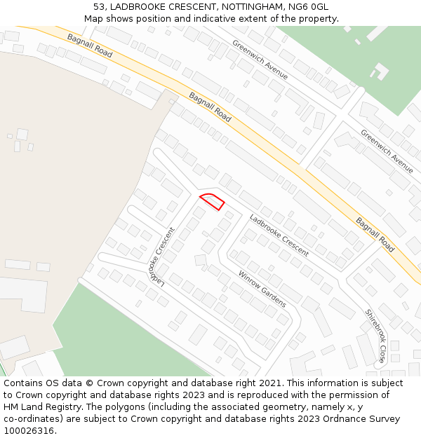 53, LADBROOKE CRESCENT, NOTTINGHAM, NG6 0GL: Location map and indicative extent of plot