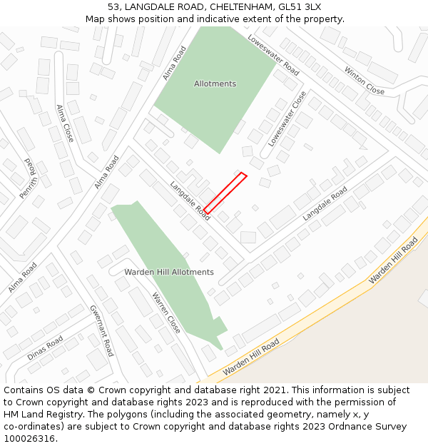 53, LANGDALE ROAD, CHELTENHAM, GL51 3LX: Location map and indicative extent of plot