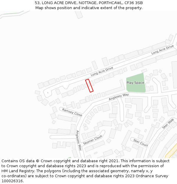 53, LONG ACRE DRIVE, NOTTAGE, PORTHCAWL, CF36 3SB: Location map and indicative extent of plot