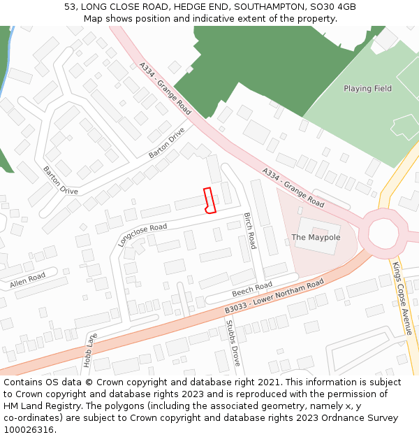 53, LONG CLOSE ROAD, HEDGE END, SOUTHAMPTON, SO30 4GB: Location map and indicative extent of plot