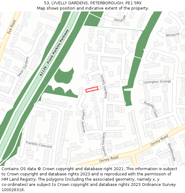 53, LYVELLY GARDENS, PETERBOROUGH, PE1 5RX: Location map and indicative extent of plot