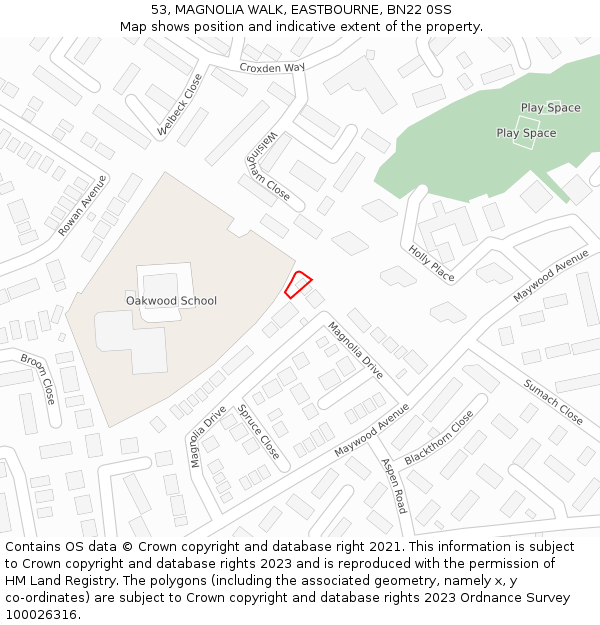 53, MAGNOLIA WALK, EASTBOURNE, BN22 0SS: Location map and indicative extent of plot