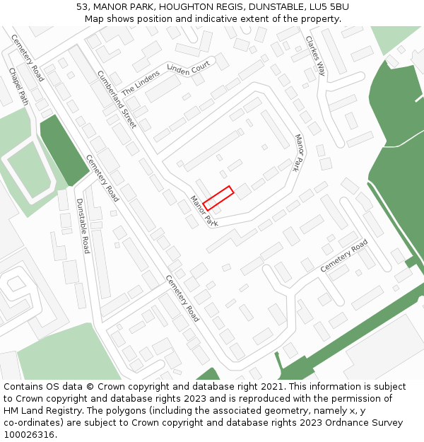 53, MANOR PARK, HOUGHTON REGIS, DUNSTABLE, LU5 5BU: Location map and indicative extent of plot