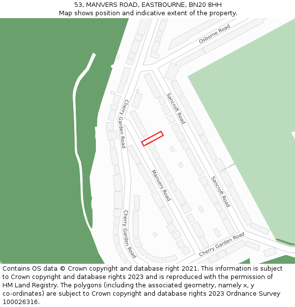 53, MANVERS ROAD, EASTBOURNE, BN20 8HH: Location map and indicative extent of plot