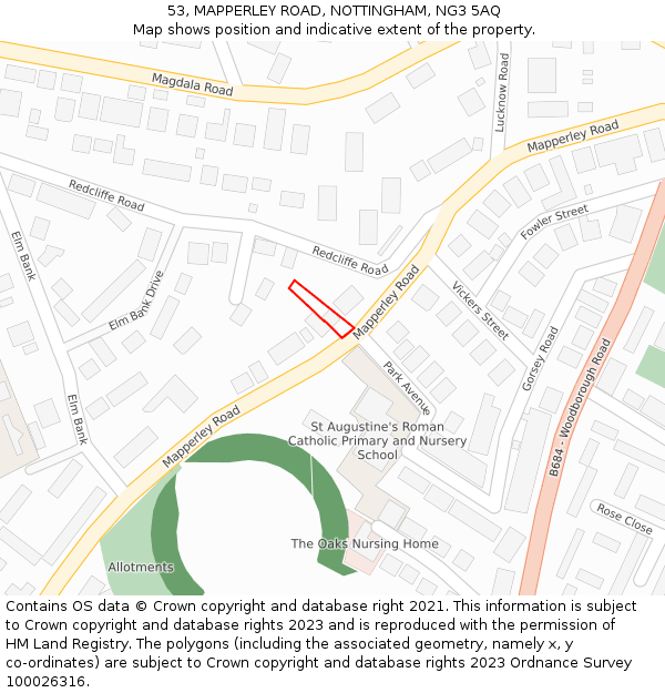 53, MAPPERLEY ROAD, NOTTINGHAM, NG3 5AQ: Location map and indicative extent of plot