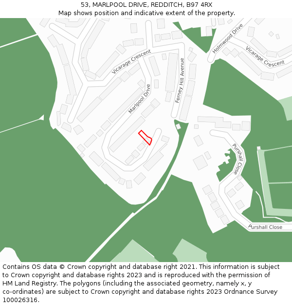 53, MARLPOOL DRIVE, REDDITCH, B97 4RX: Location map and indicative extent of plot