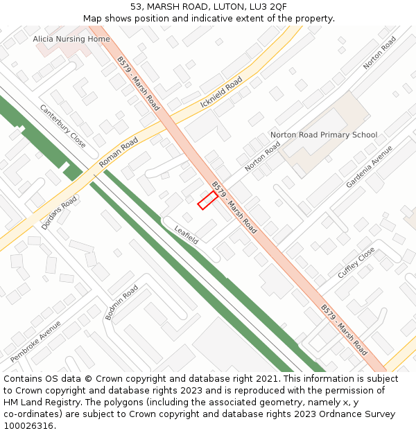 53, MARSH ROAD, LUTON, LU3 2QF: Location map and indicative extent of plot