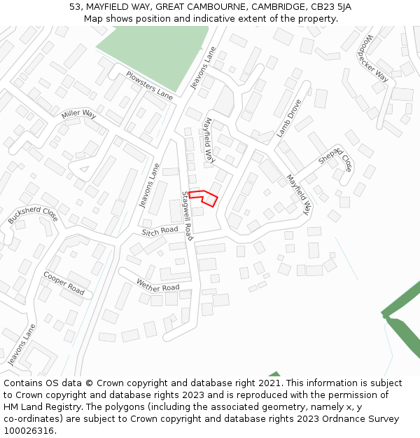 53, MAYFIELD WAY, GREAT CAMBOURNE, CAMBRIDGE, CB23 5JA: Location map and indicative extent of plot