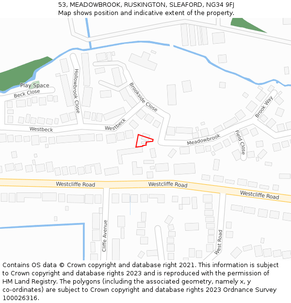 53, MEADOWBROOK, RUSKINGTON, SLEAFORD, NG34 9FJ: Location map and indicative extent of plot