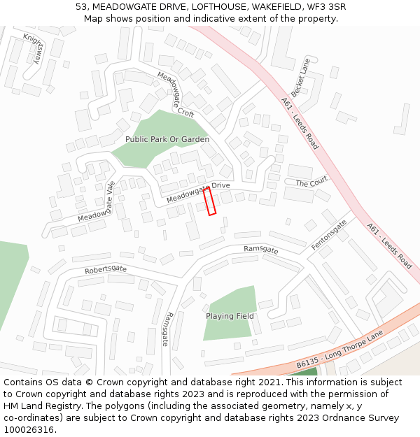 53, MEADOWGATE DRIVE, LOFTHOUSE, WAKEFIELD, WF3 3SR: Location map and indicative extent of plot