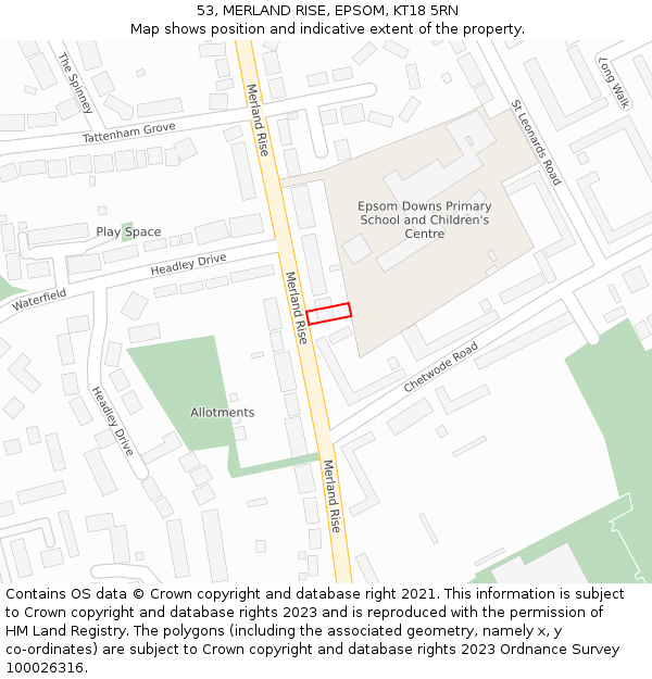 53, MERLAND RISE, EPSOM, KT18 5RN: Location map and indicative extent of plot