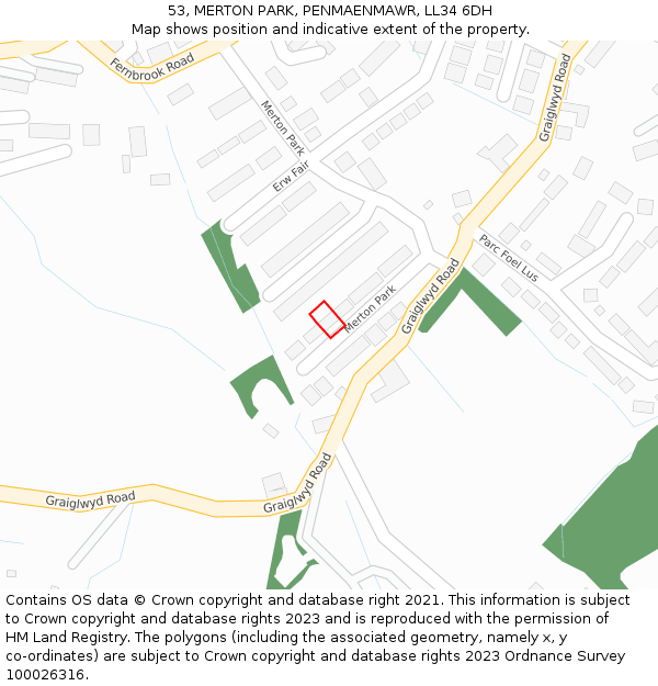 53, MERTON PARK, PENMAENMAWR, LL34 6DH: Location map and indicative extent of plot