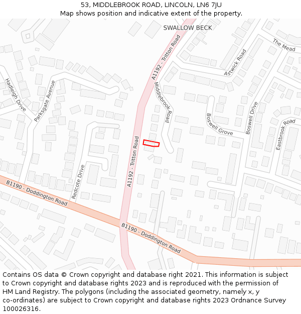 53, MIDDLEBROOK ROAD, LINCOLN, LN6 7JU: Location map and indicative extent of plot