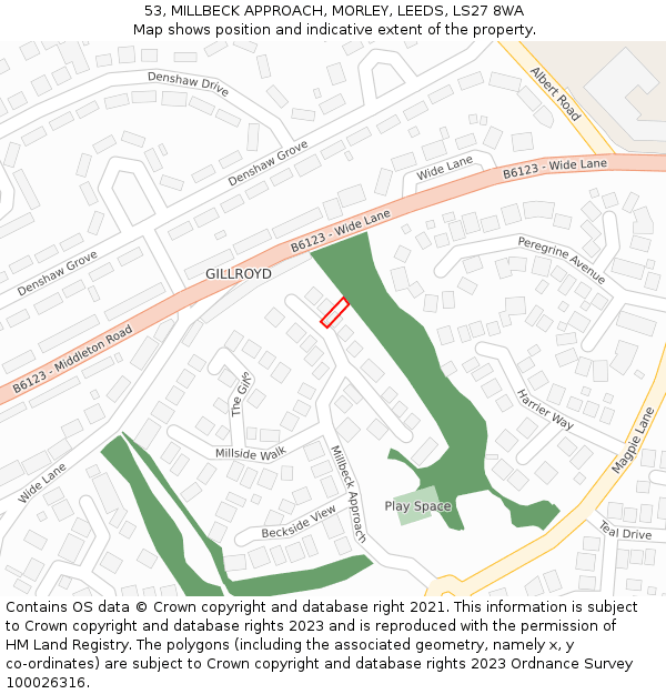 53, MILLBECK APPROACH, MORLEY, LEEDS, LS27 8WA: Location map and indicative extent of plot