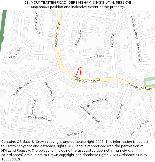 53, MOUNTBATTEN ROAD, DERSINGHAM, KING'S LYNN, PE31 6YE: Location map and indicative extent of plot
