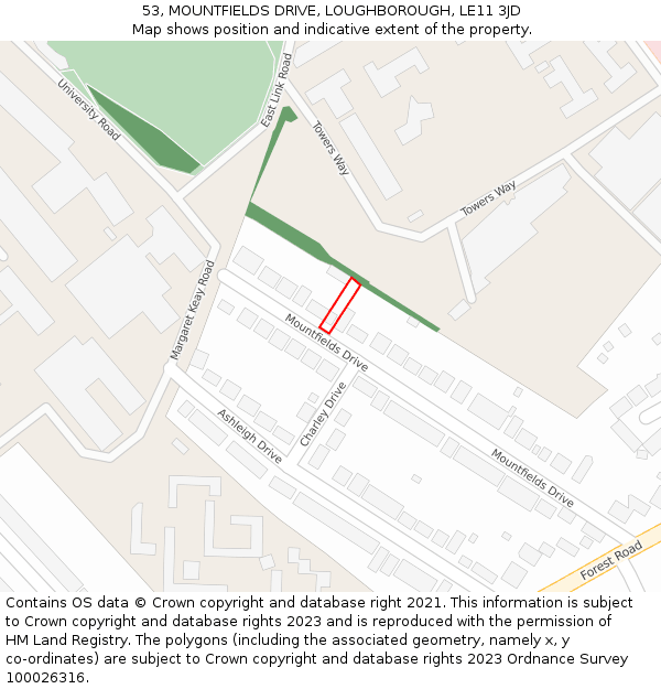 53, MOUNTFIELDS DRIVE, LOUGHBOROUGH, LE11 3JD: Location map and indicative extent of plot
