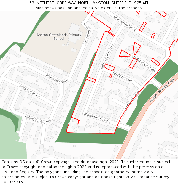 53, NETHERTHORPE WAY, NORTH ANSTON, SHEFFIELD, S25 4FL: Location map and indicative extent of plot