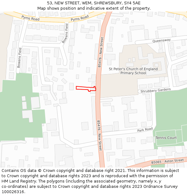 53, NEW STREET, WEM, SHREWSBURY, SY4 5AE: Location map and indicative extent of plot