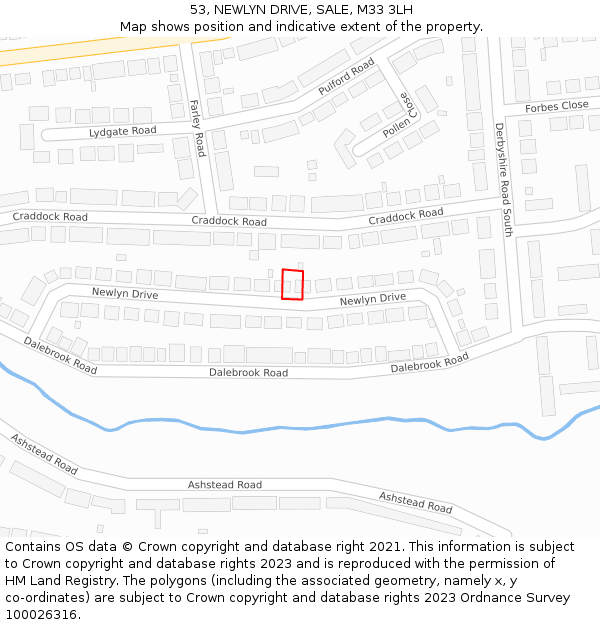 53, NEWLYN DRIVE, SALE, M33 3LH: Location map and indicative extent of plot