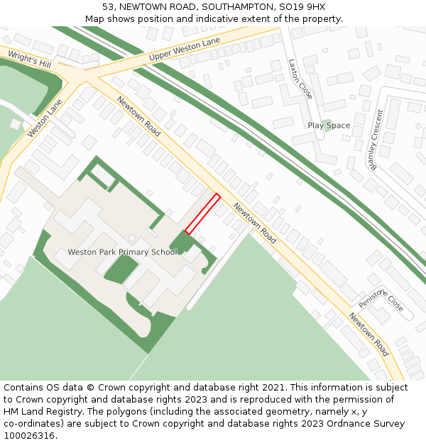 53, NEWTOWN ROAD, SOUTHAMPTON, SO19 9HX: Location map and indicative extent of plot