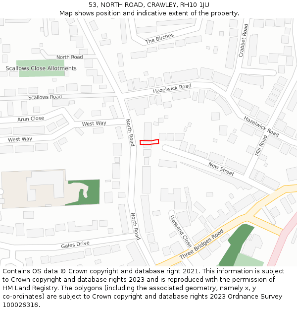 53, NORTH ROAD, CRAWLEY, RH10 1JU: Location map and indicative extent of plot