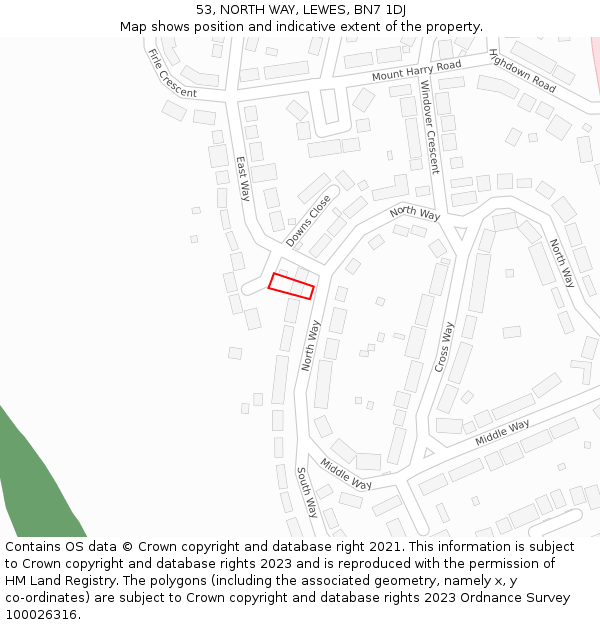 53, NORTH WAY, LEWES, BN7 1DJ: Location map and indicative extent of plot