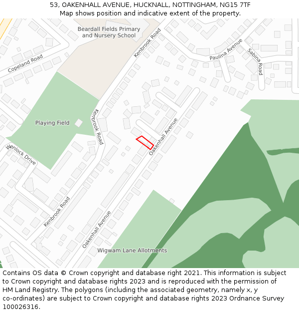 53, OAKENHALL AVENUE, HUCKNALL, NOTTINGHAM, NG15 7TF: Location map and indicative extent of plot