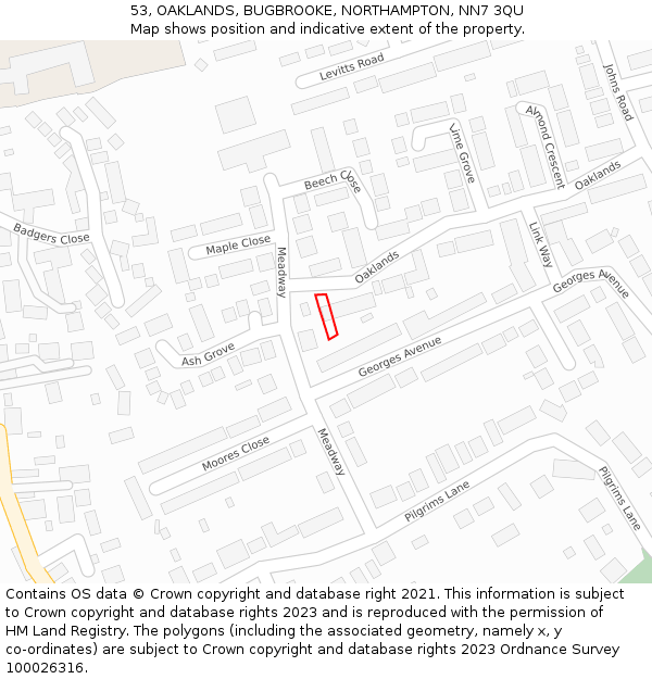 53, OAKLANDS, BUGBROOKE, NORTHAMPTON, NN7 3QU: Location map and indicative extent of plot