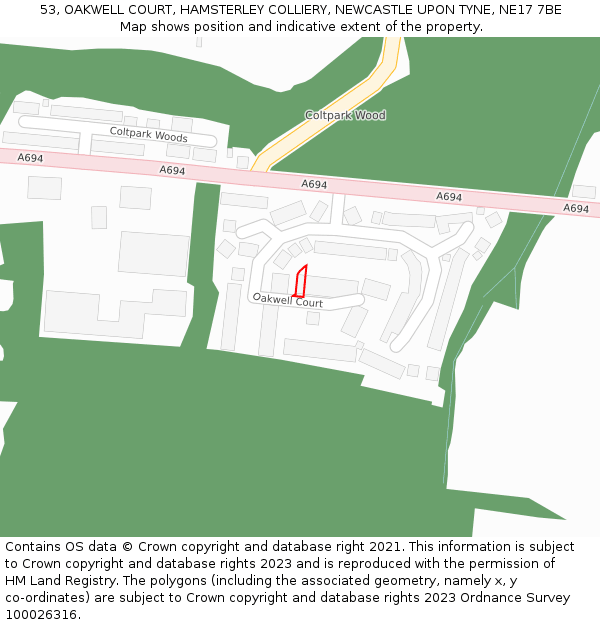 53, OAKWELL COURT, HAMSTERLEY COLLIERY, NEWCASTLE UPON TYNE, NE17 7BE: Location map and indicative extent of plot