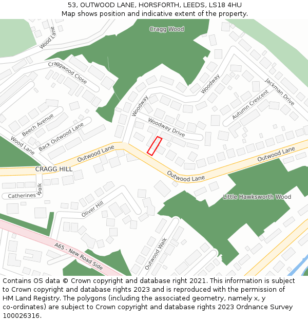 53, OUTWOOD LANE, HORSFORTH, LEEDS, LS18 4HU: Location map and indicative extent of plot