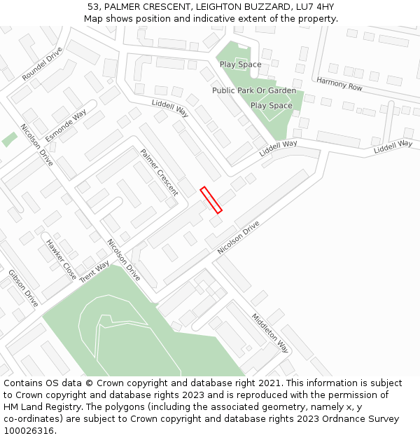 53, PALMER CRESCENT, LEIGHTON BUZZARD, LU7 4HY: Location map and indicative extent of plot