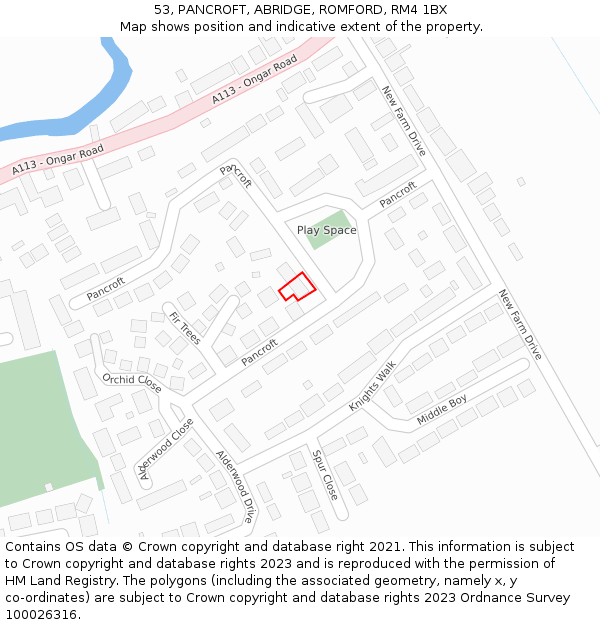 53, PANCROFT, ABRIDGE, ROMFORD, RM4 1BX: Location map and indicative extent of plot