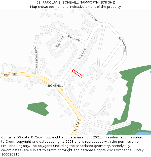 53, PARK LANE, BONEHILL, TAMWORTH, B78 3HZ: Location map and indicative extent of plot