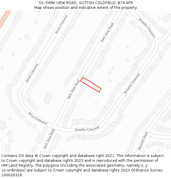 53, PARK VIEW ROAD, SUTTON COLDFIELD, B74 4PR: Location map and indicative extent of plot