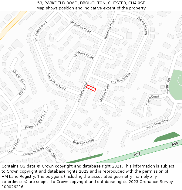 53, PARKFIELD ROAD, BROUGHTON, CHESTER, CH4 0SE: Location map and indicative extent of plot