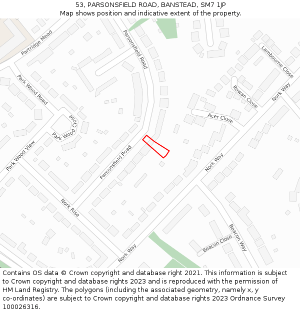 53, PARSONSFIELD ROAD, BANSTEAD, SM7 1JP: Location map and indicative extent of plot