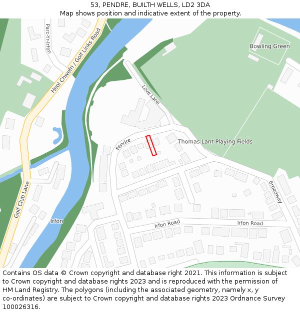 53, PENDRE, BUILTH WELLS, LD2 3DA: Location map and indicative extent of plot
