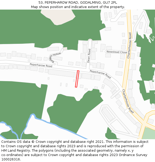 53, PEPERHAROW ROAD, GODALMING, GU7 2PL: Location map and indicative extent of plot