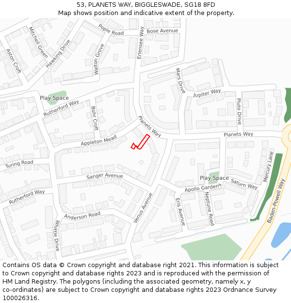 53, PLANETS WAY, BIGGLESWADE, SG18 8FD: Location map and indicative extent of plot