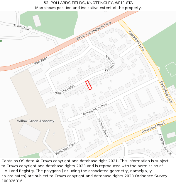 53, POLLARDS FIELDS, KNOTTINGLEY, WF11 8TA: Location map and indicative extent of plot