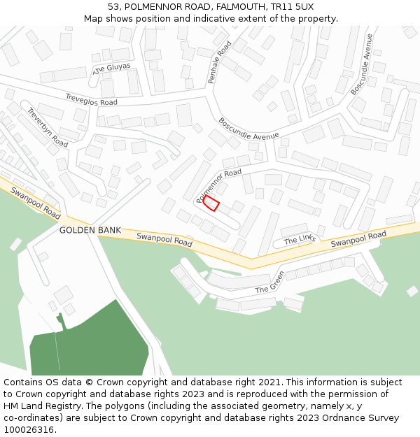 53, POLMENNOR ROAD, FALMOUTH, TR11 5UX: Location map and indicative extent of plot