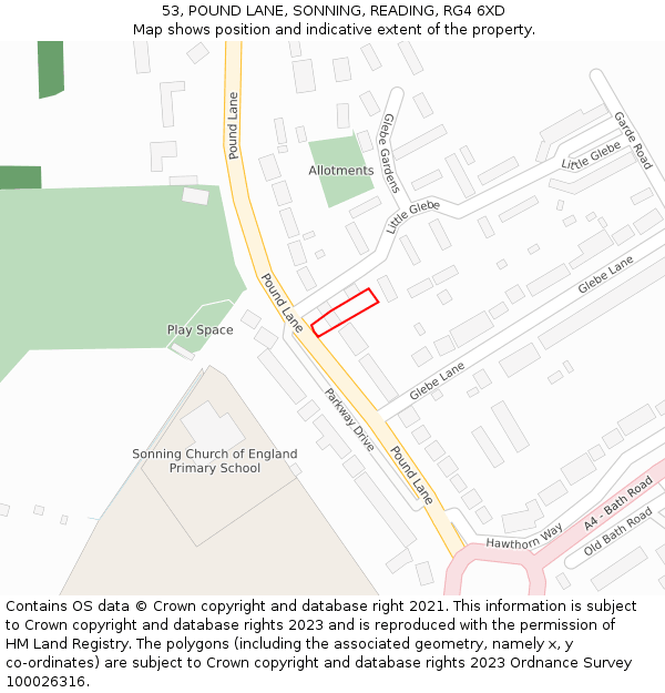 53, POUND LANE, SONNING, READING, RG4 6XD: Location map and indicative extent of plot