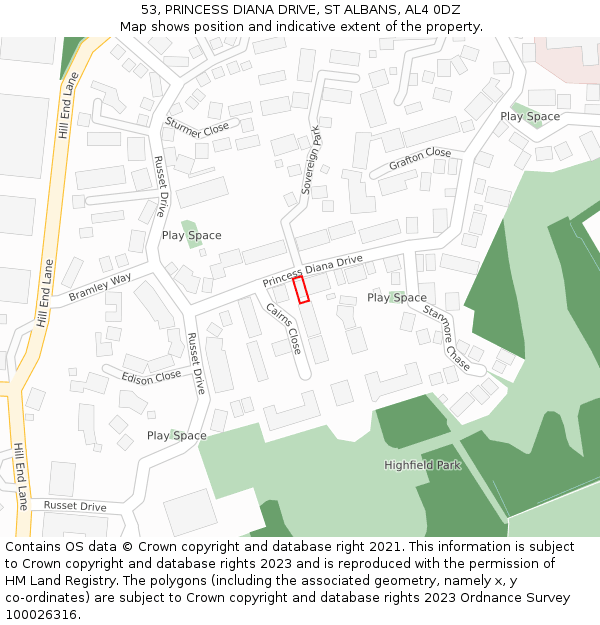 53, PRINCESS DIANA DRIVE, ST ALBANS, AL4 0DZ: Location map and indicative extent of plot